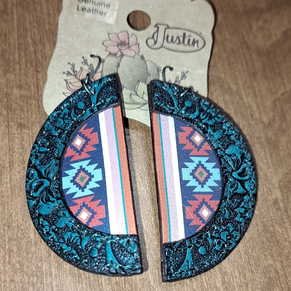 Justin Boots Jewelry - Justin Boots Turquoise Floral Leather Hoop Earrings with Aztec Inlay